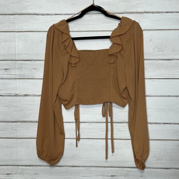 Le Lis Long Sleeve Ruffle Crop Top Tan Size Large - Picture 3 of 9